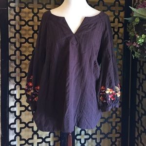 BEAUTUFUL‎ LONG  PUFF SLEEVE  BROWN  EMBROIDERED FLORAL TRIM BLOUSE Size Large